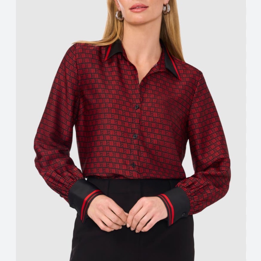 Halogen Long Sleeve Scarf Print Satin Button Down Shirt SZ Medium‎ Red Black